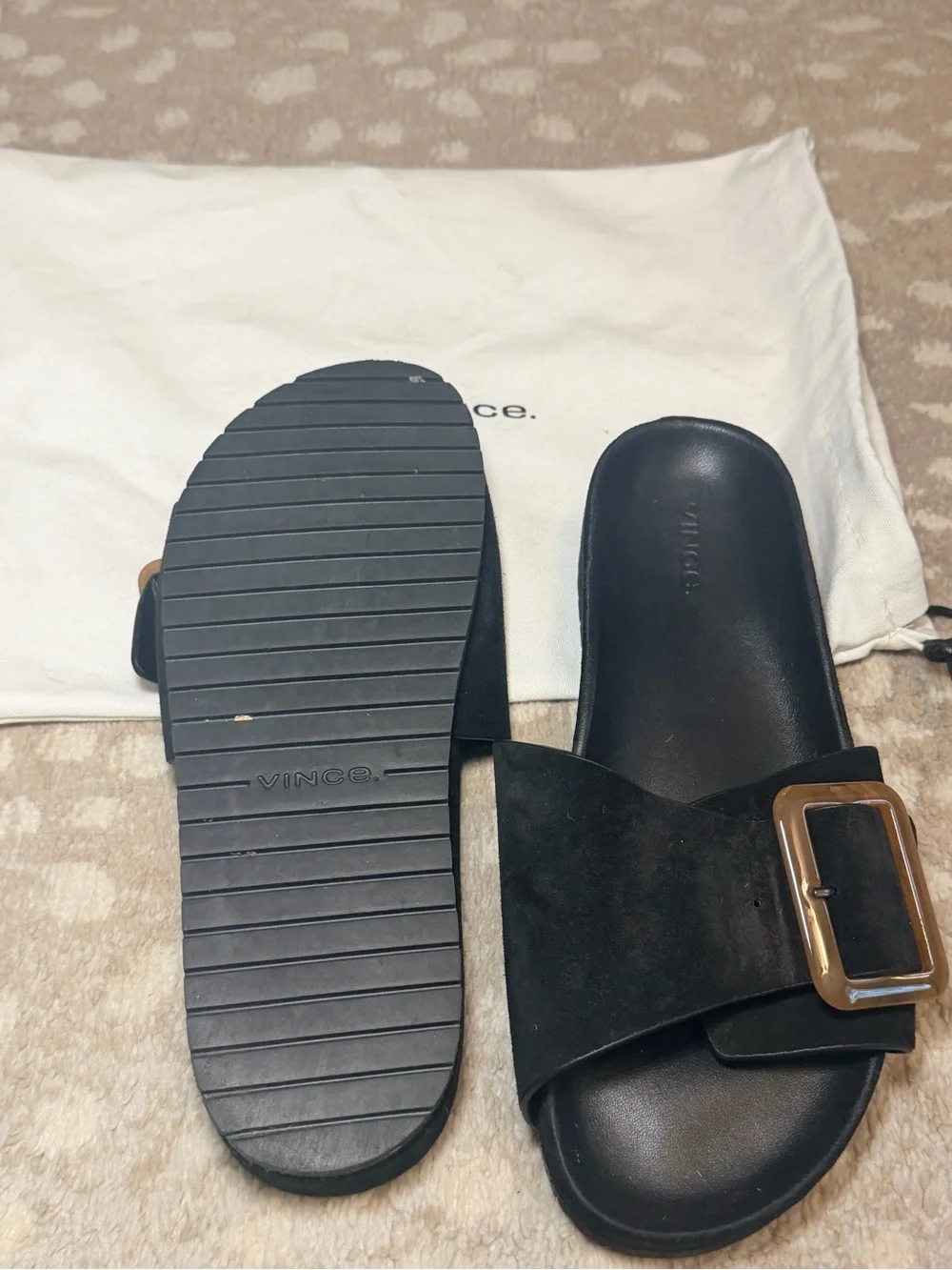 Vince Black Suede Slide Sandals with Tortoiseshell Buckles